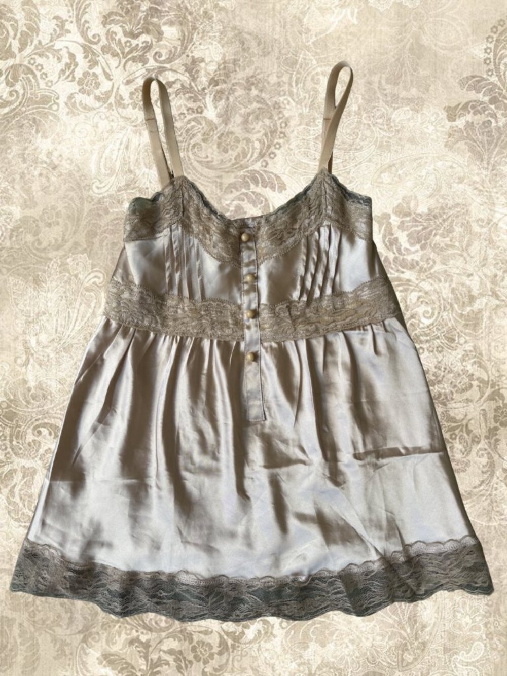 *VINTAGE* Satin Lace Cami Top Cream Babydoll Slip Y2K Fairy Grunge Small